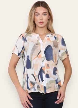 Navy And Orange Print Linen Feel Blouse